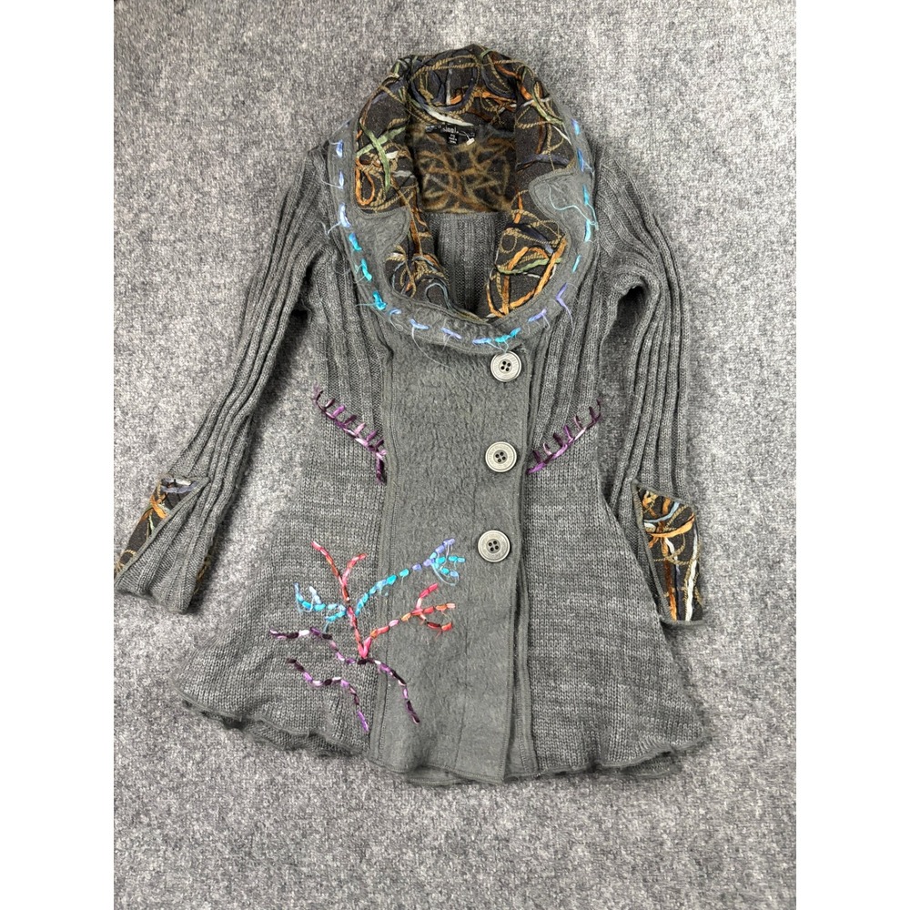 Sioni Petite Gray Boho Sweater Coat Cardigan‎ Embroidered Artsy Knit PS